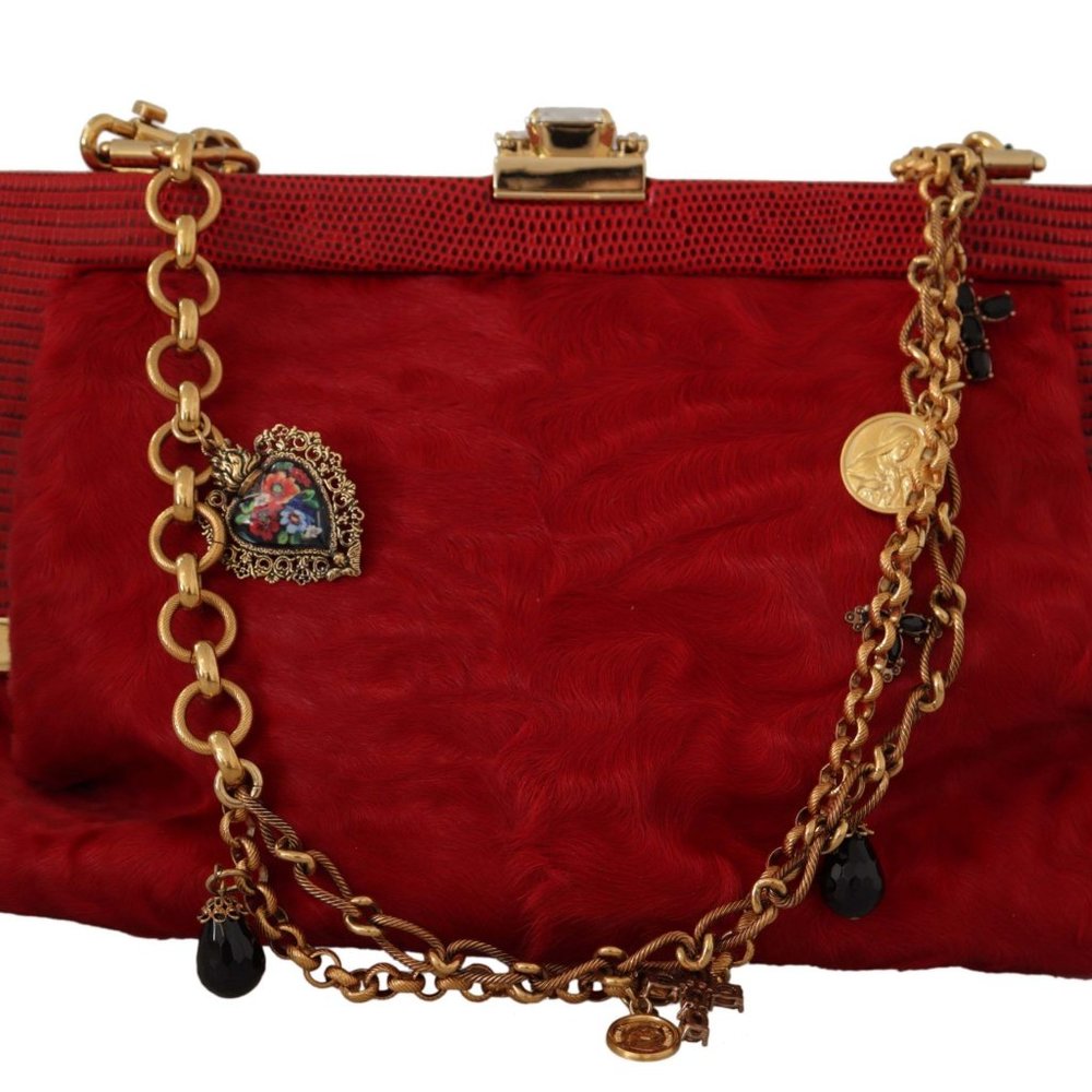 DOLCE & GABBANA Red Fur Brocade Crystal Shoulder Women VANDA Purse